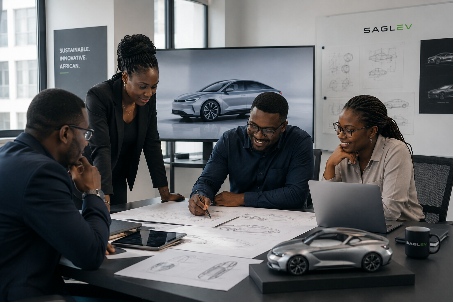 SAGLEV team collaborating in design studio with vehicle sketch and EV model on display