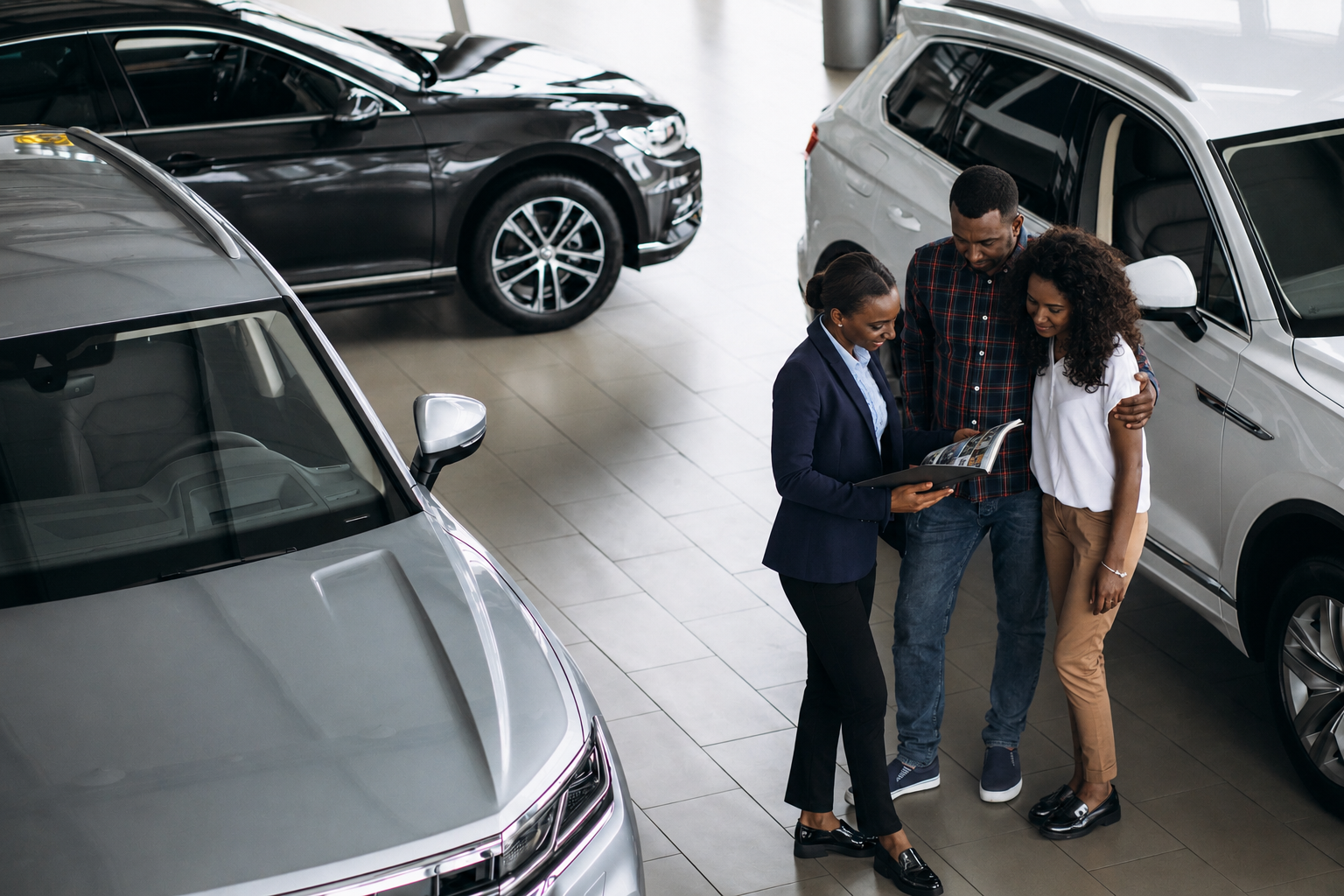 Customer Focus — SAGLEV sales consultant walking a young African couple through a vehicle brochure in the modern SAGLEV dealership showroom, surrounded by new electric SUVs