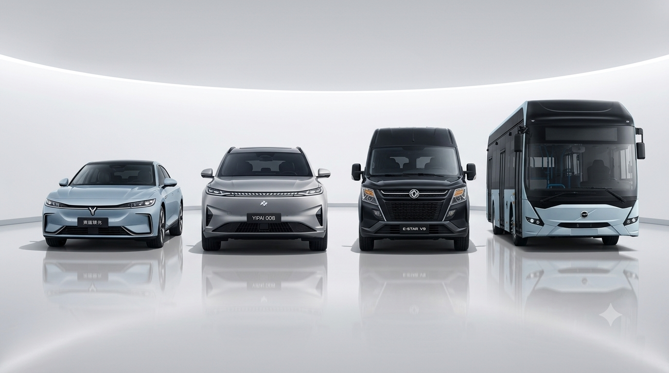 SAGLEV electric vehicle lineup — sedan, SUV, van and bus fleet in a premium studio spotlight setting